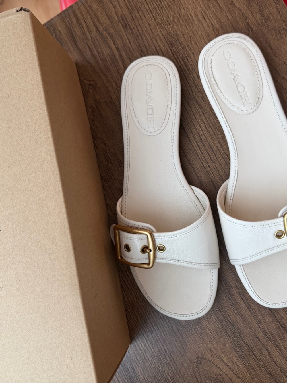 COACH Cream Leather Slide Sandals with Gold Buckle - Picture 2 of 4